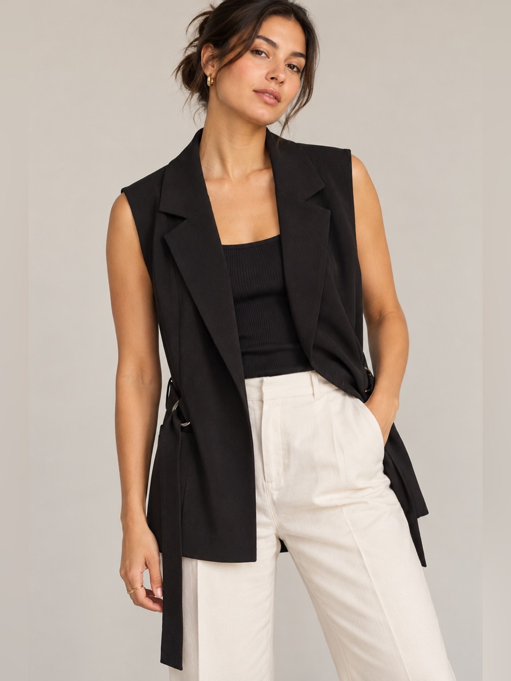 Reitmans Black Belted Sleeveless Blazer Vest